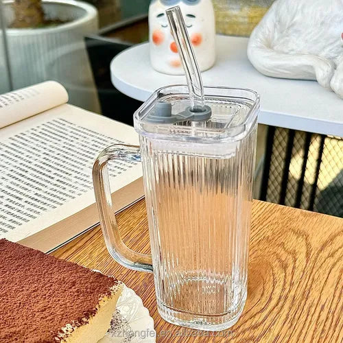 Taza Vaso Vidrio Para Bebidas 380ml Manija Tapa Hermética Taza Vidrio C/tapa