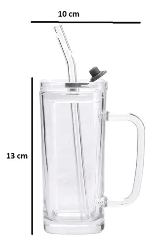 Taza Vaso Vidrio Para Bebidas 380ml Manija Tapa Hermética Taza Vidrio C/tapa