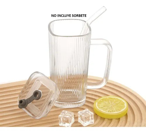 Taza Vaso Vidrio Para Bebidas 380ml Manija Tapa Hermética Taza Vidrio C/tapa