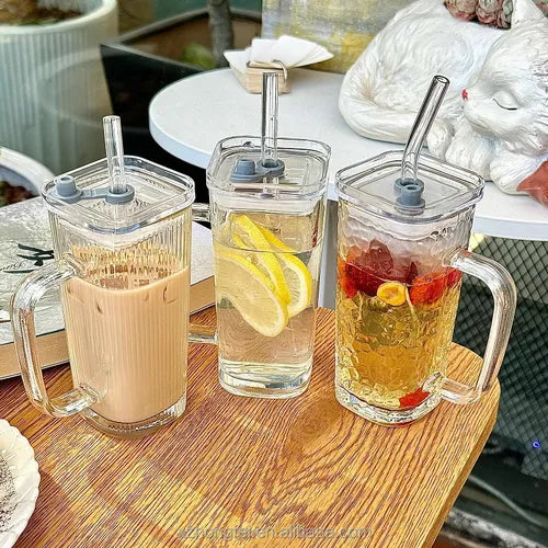 Taza Vaso Vidrio Para Bebidas 380ml Manija Tapa Hermética Taza Vidrio C/tapa