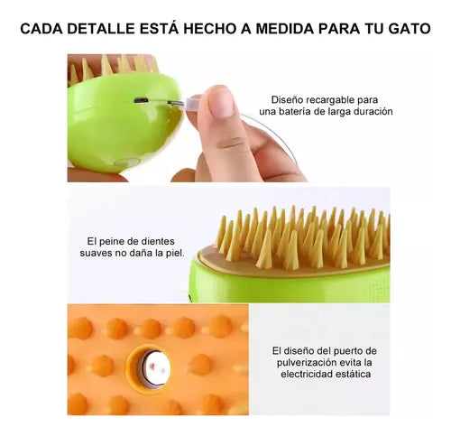 Cepillo De Vapor Para Mascotas 3 En 1 Con Spray Y Masajeador