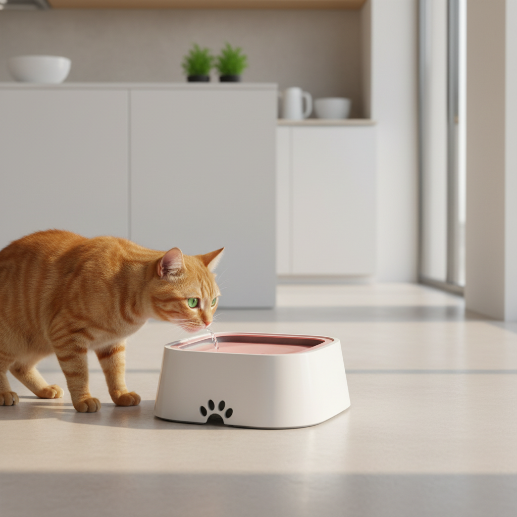 Bebedero en una cocina luminosa con un gato